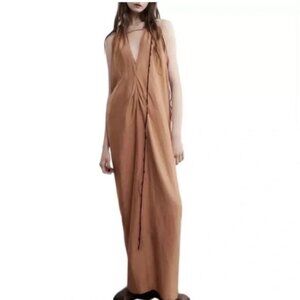 NWOT ZARA Small Brown Kaftan Maxi Dress Boho Tassels Oversized Distressed